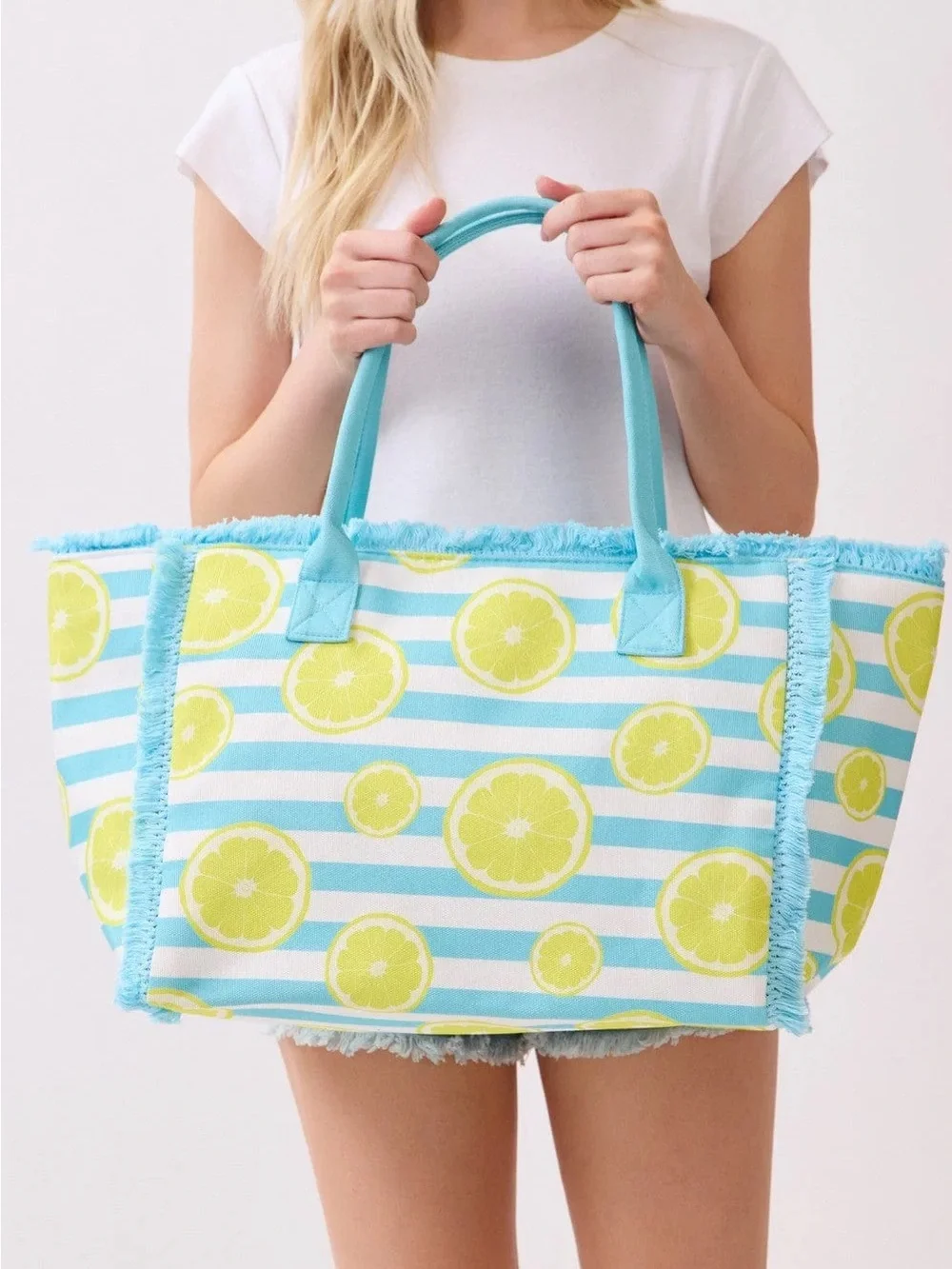 Bright Citrus Stripe Tote Bag in Aqua